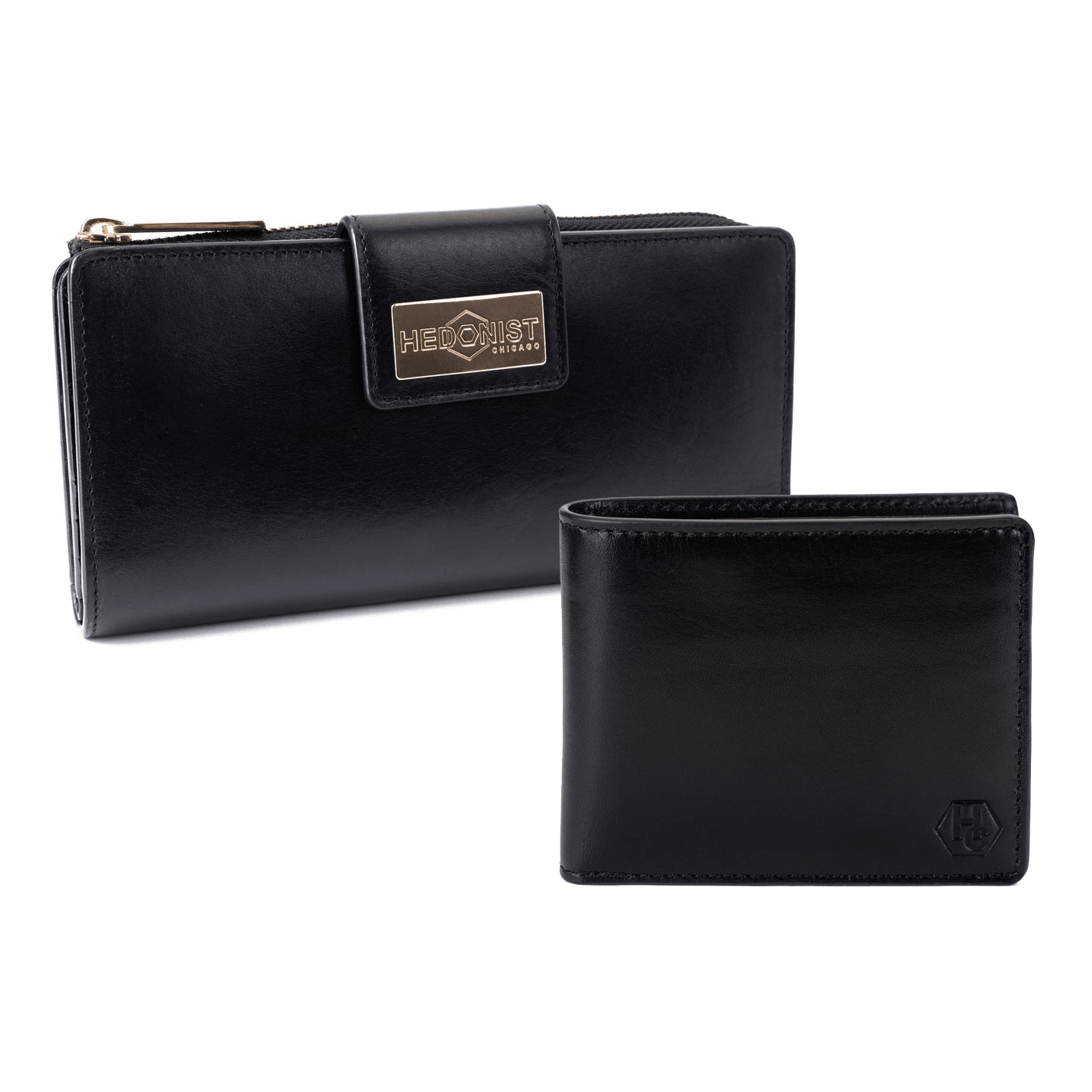Black leather bifold and traveler wallet gift set by Hedonist Chicago