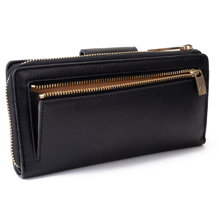 Black Pebbled Leather Travel Wallet for Women | Hedonist Chicago | coin zipper view