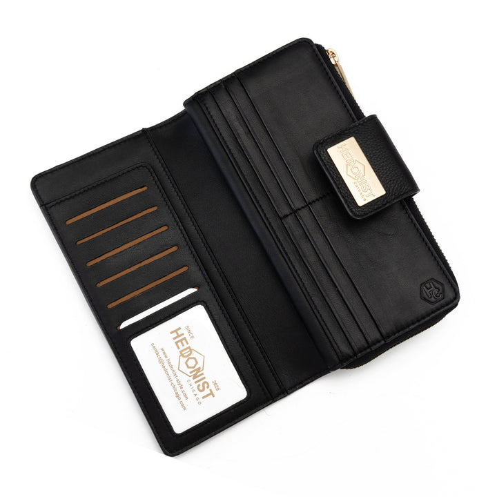 Black Pebbled Leather Travel Wallet for Women | Hedonist Chicago | ID and card slots view