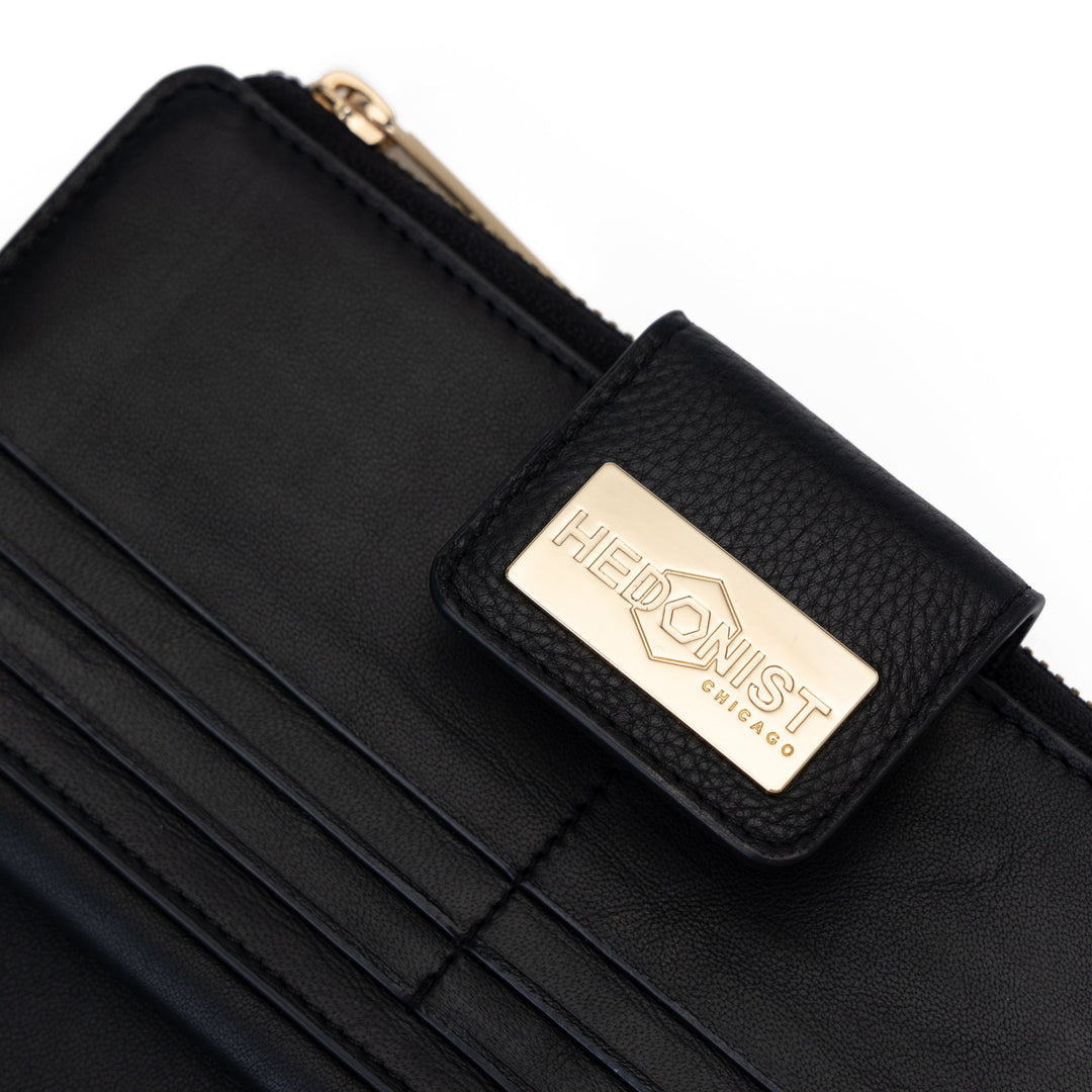 Black Pebbled Leather Travel Wallet for Women | Hedonist Chicago | leather and snap