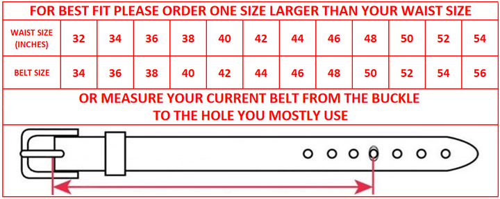 Black smooth leather ratchet belt with black frame buckle, sizing guide chart