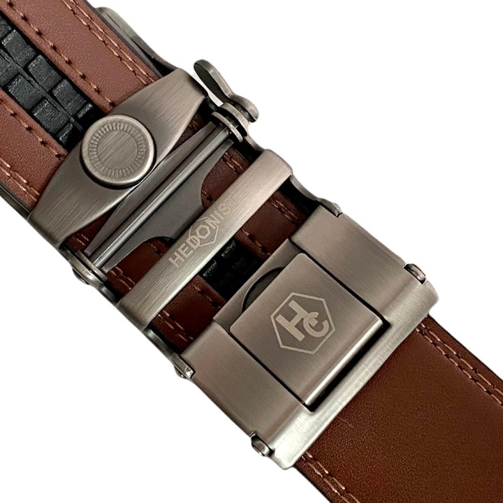 Men's Brown Dress Leather Ratchet Belt | Hedonist Chicago buckle view