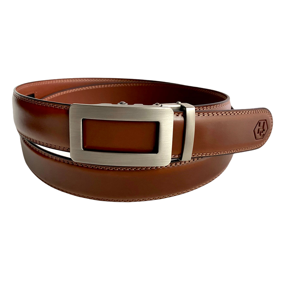 Men's Brown Dress Leather Ratchet Belt | Hedonist Chicago front view