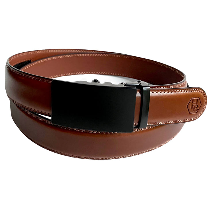 Brown Leather Belt With Black Plate Ratchet Buckle 1.38" | Hedonist Chicago