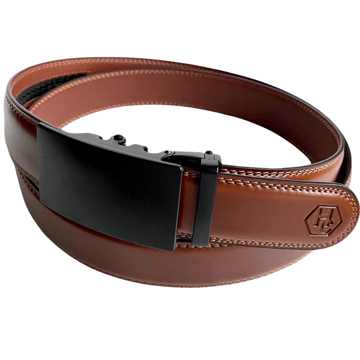 Brown Leather Belt With Black Plate Ratchet Buckle 1.38" Side View | Hedonist Chicago