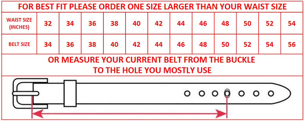 Brown leather belt strap, 1.38 inch, sizing guide chart