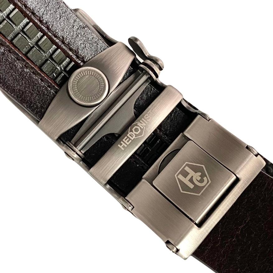 Dark Brown Textured Leather men's ratchet belt 1.38" with Metal Buckle, buckle close-up, by Hedonist Chicago
