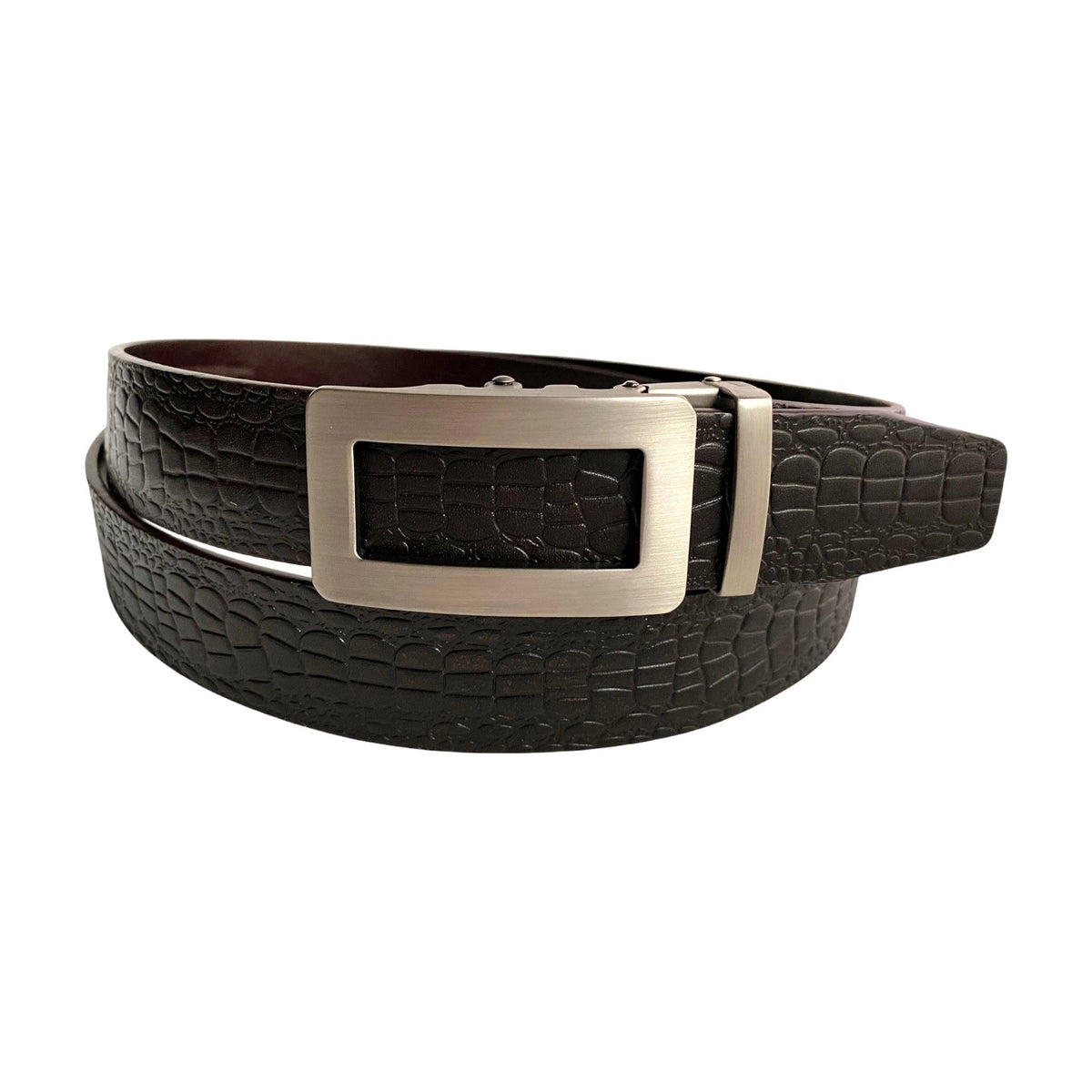 Dark Brown Textured Leather men's ratchet belt 1.38" with Metal Buckle, front view, by Hedonist Chicago