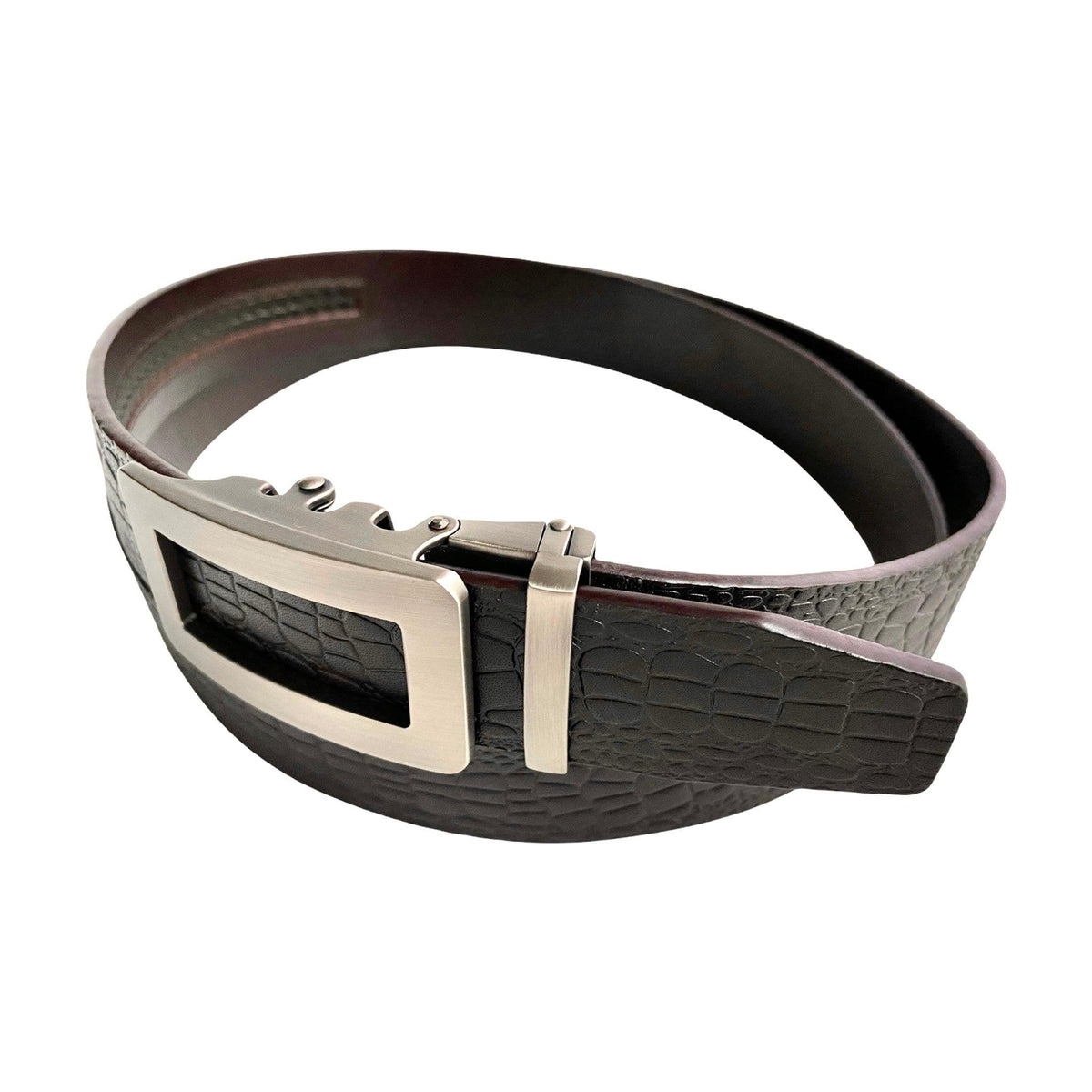 Dark Brown Textured Leather men's ratchet belt 1.38" with Metal Buckle, strap texture detail, by Hedonist Chicago