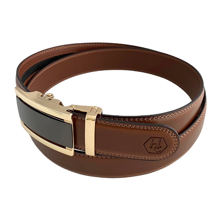 Genuine Leather Brown Strap Automatic Gold and Black Buckle | Hedonist Chicago | Side View