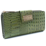 Green Leather Travel Wallet for Women - Croco Embossed Exterior