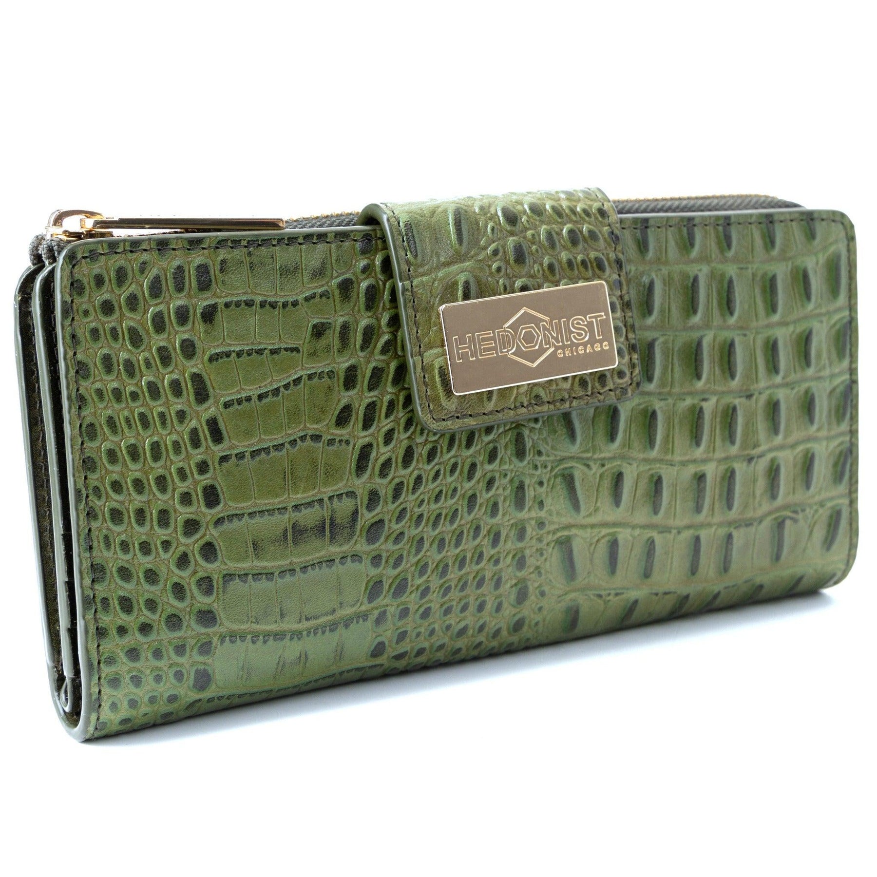 Front view of women’s green croc-embossed leather long travel wallet with secure zip-around closure
