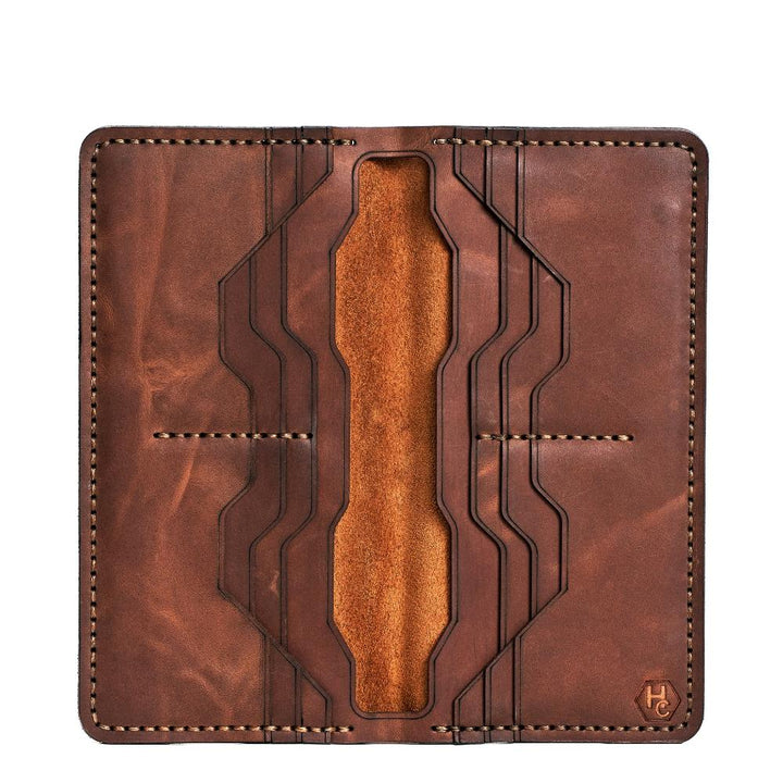 Handmade Long Cardholder 12 Slots Light Mahogany Pull-Up Open | Hedonist Chicago