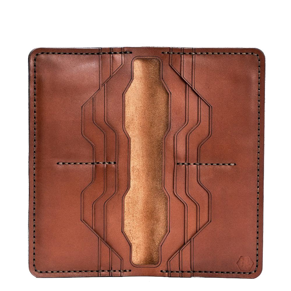 Handmade Long Leather Cardholder 12 Card Slots Light Mahogany Open | Hedonist Chicago