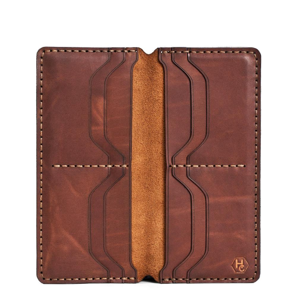 Handmade Long Cardholder 8 Slots Light Mahogany Pull-Up Open | Hedonist Chicago