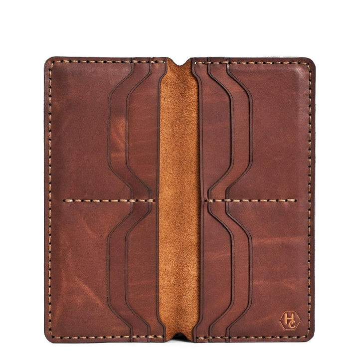 Handmade Long Cardholder 8 Slots Light Mahogany Pull-Up Open | Hedonist Chicago