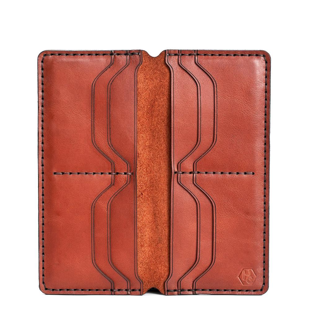 Handmade Long Leather Cardholder 8 Card Slots Red Brick Open | Hedonist Chicago