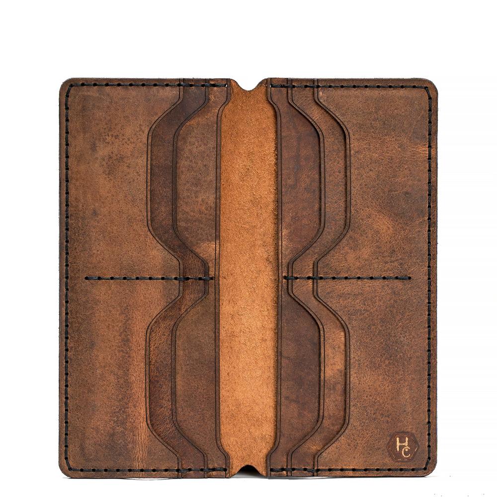 Handmade Long Leather Cardholder 8 Card Slots Tan Pull-Up Open | Hedonist Chicago