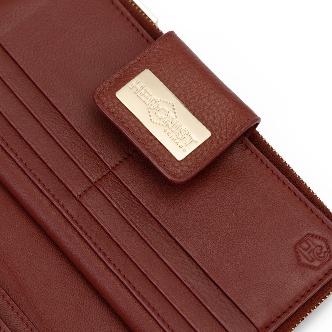 Large Red Zip Wallet for Women Pebbled Leather | Hedonist Chicago | snap