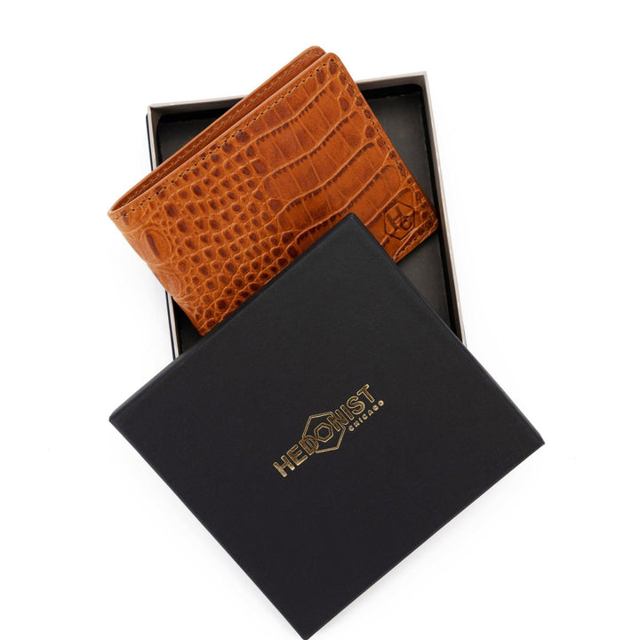 Bifold Brown Men's Wallet in Croc-Embossed Leather - branded gift box