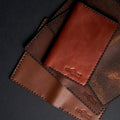Handmade light mahogany pull-up leather card holder, 12 card slots, full display view