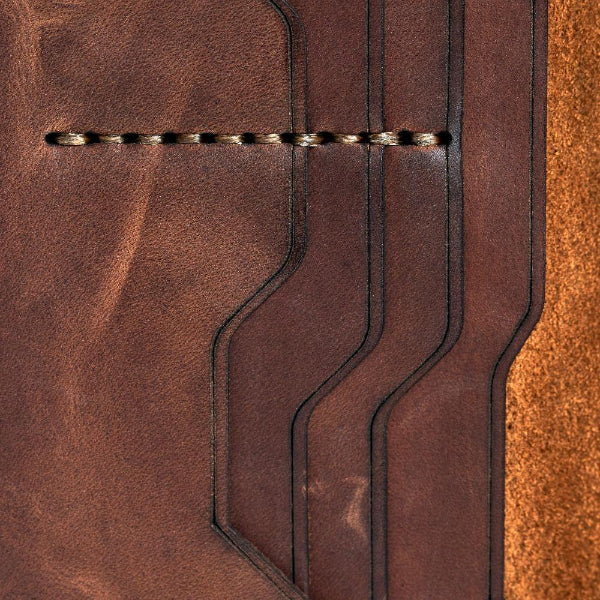 Handmade light mahogany pull-up leather card holder, close-up of leather texture and stitching
