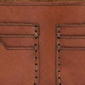 Handmade medium brown leather bifold wallet, close-up of leather texture and stitching