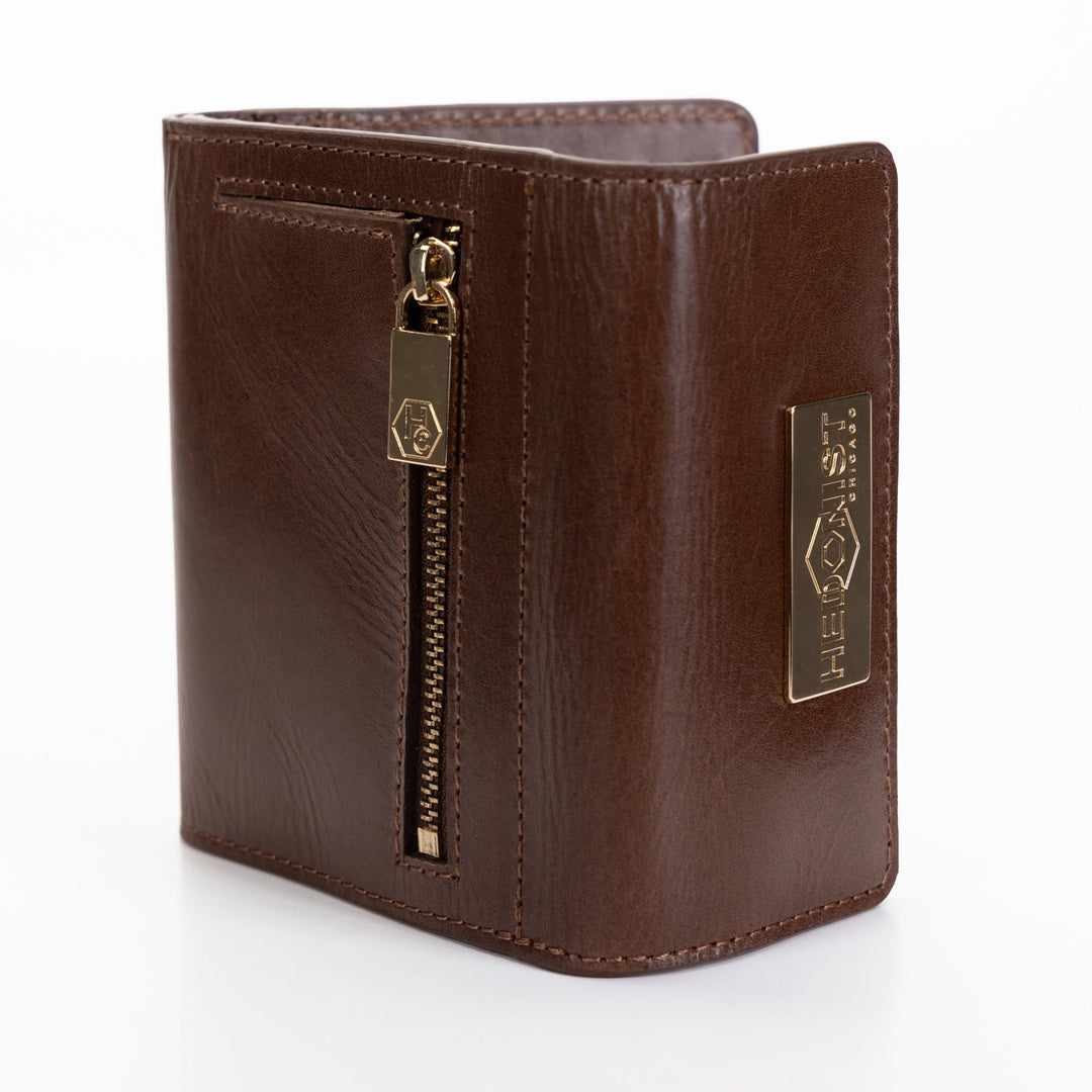 Women's Brown Small Wallet in Smooth Leather from Hedonist Chicago Zipper