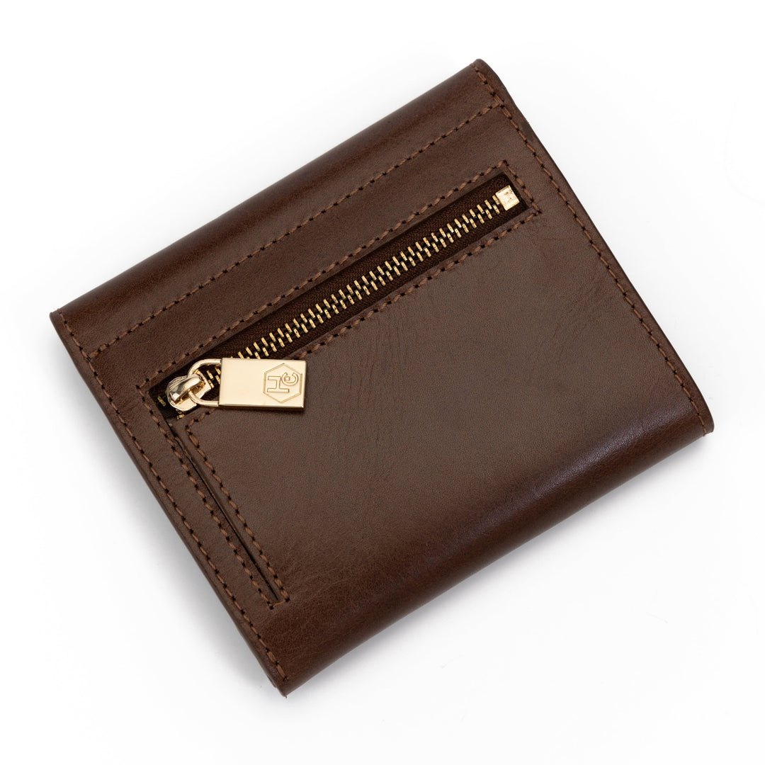 Women's Brown Small Wallet in Smooth Leather from Hedonist Chicago | Zippered Coin Pocket