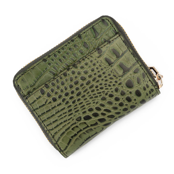 Green Women's Mini Zip Wallet in Croc-Embossed Leather from Hedonist Chicago - Slip Back Pocket