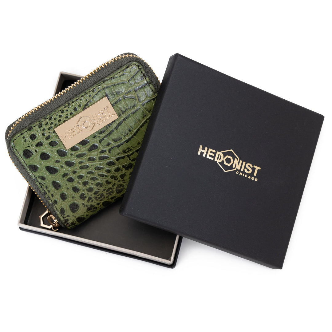 Green Women's Mini Zip Wallet in Croc-Embossed Leather from Hedonist Chicago -  best gift choice