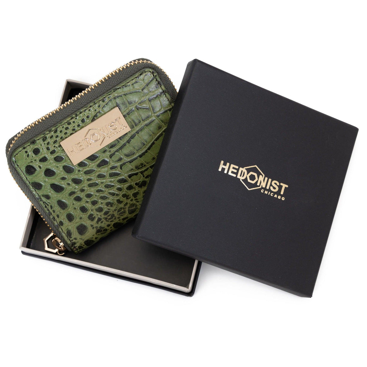 Green Women's Mini Zip Wallet in Croc-Embossed Leather from Hedonist Chicago - best gift choice