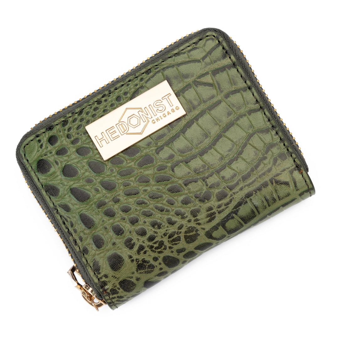 Green Women's Mini Zip Wallet in Croc-Embossed Leather from Hedonist Chicago