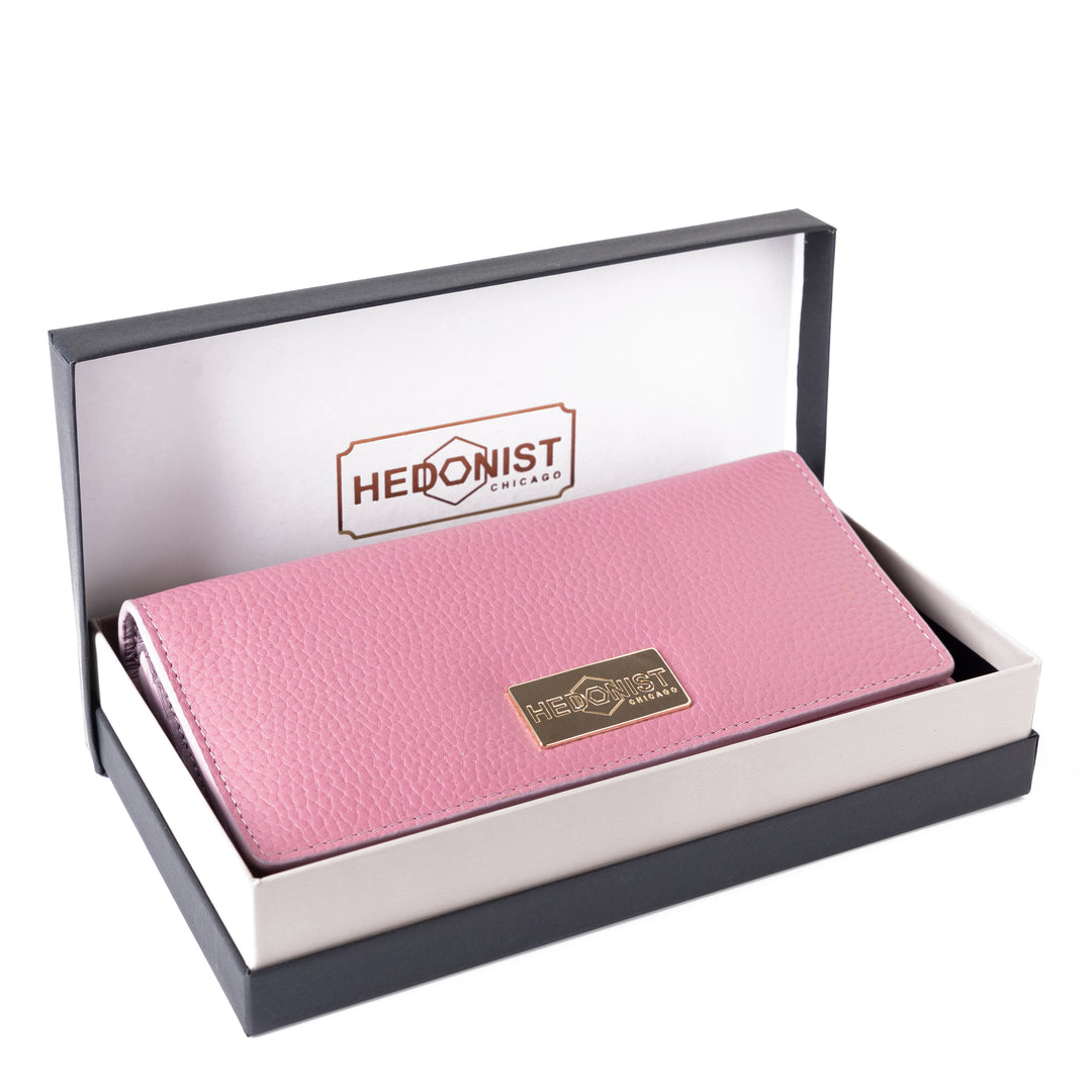 Pink Wallet for Women in Two-Tone Pebbled Leather in Box