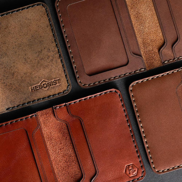 Handmade red brick leather bifold wallet with ID slot, full display view