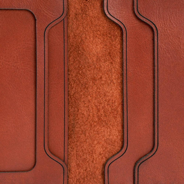 Handmade red brick leather bifold wallet, close-up of leather texture and stitching