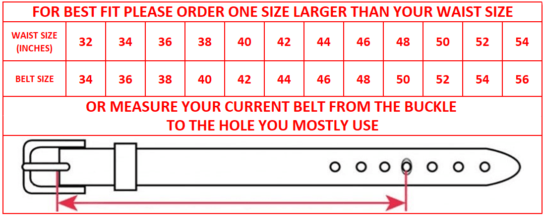 Red-brown leather ratchet belt with gunmetal buckle, sizing guide chart