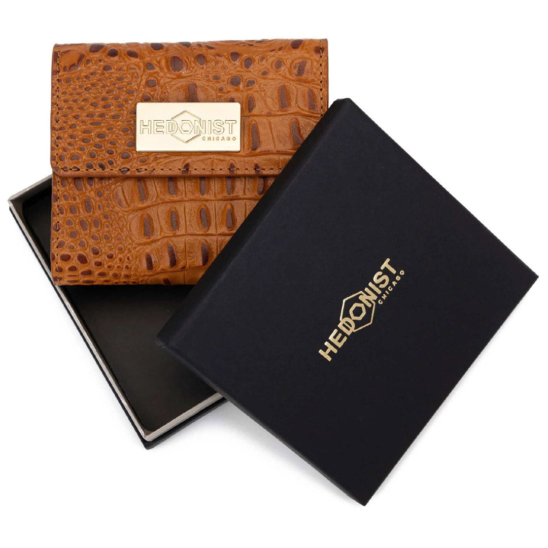 Mini Brown Leather Wallet for Women Croc Embossed By Hedonist Chicago in branded box