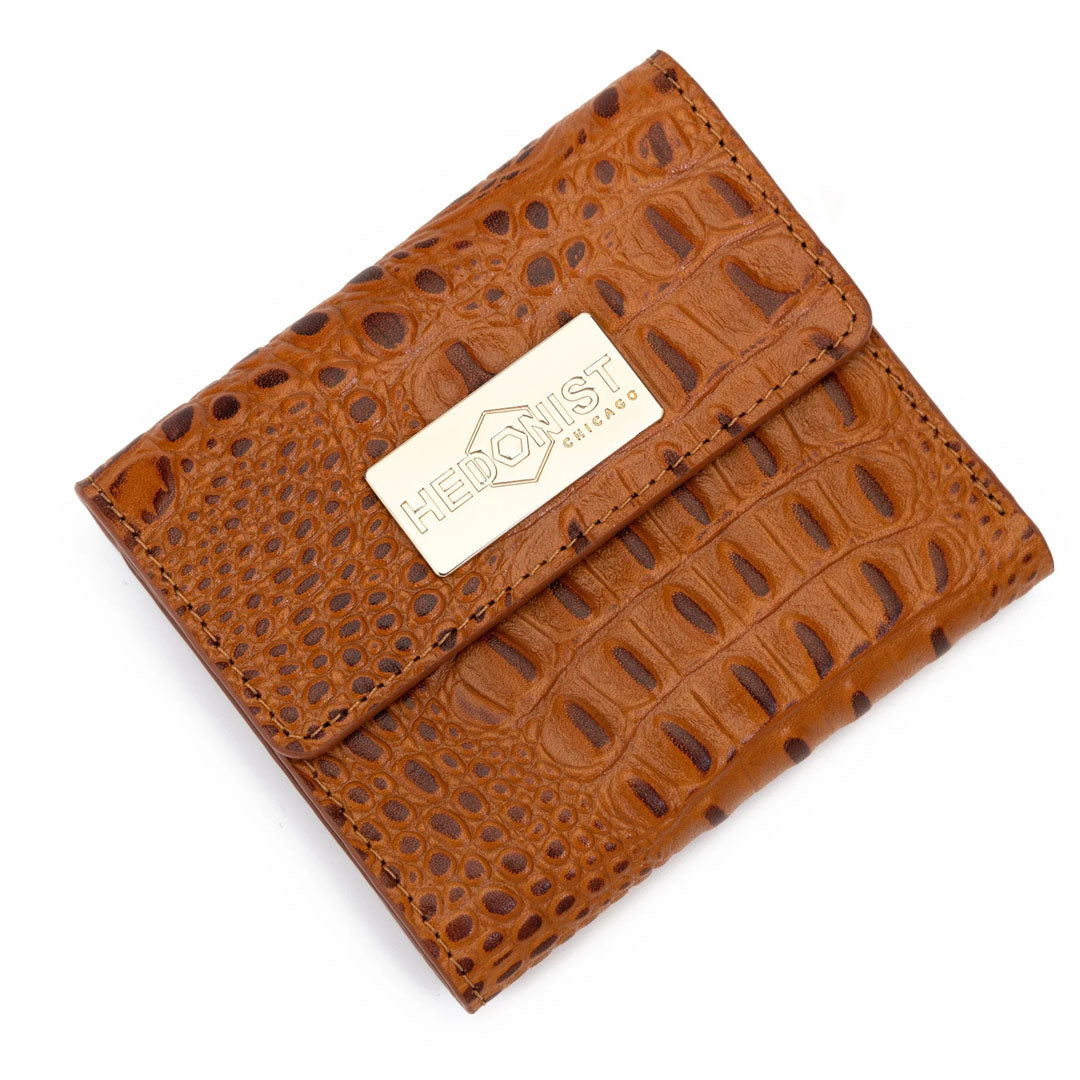 Mini Brown Leather Wallet for Women Croc Embossed By Hedonist Chicago front view