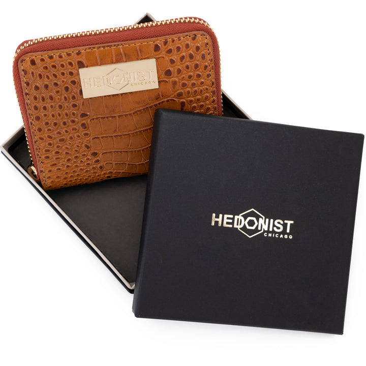 Mini Zip Wallet in Brown Croc-Embossed Leather for Women by Hedonist Chicago - Gift in Branded Box