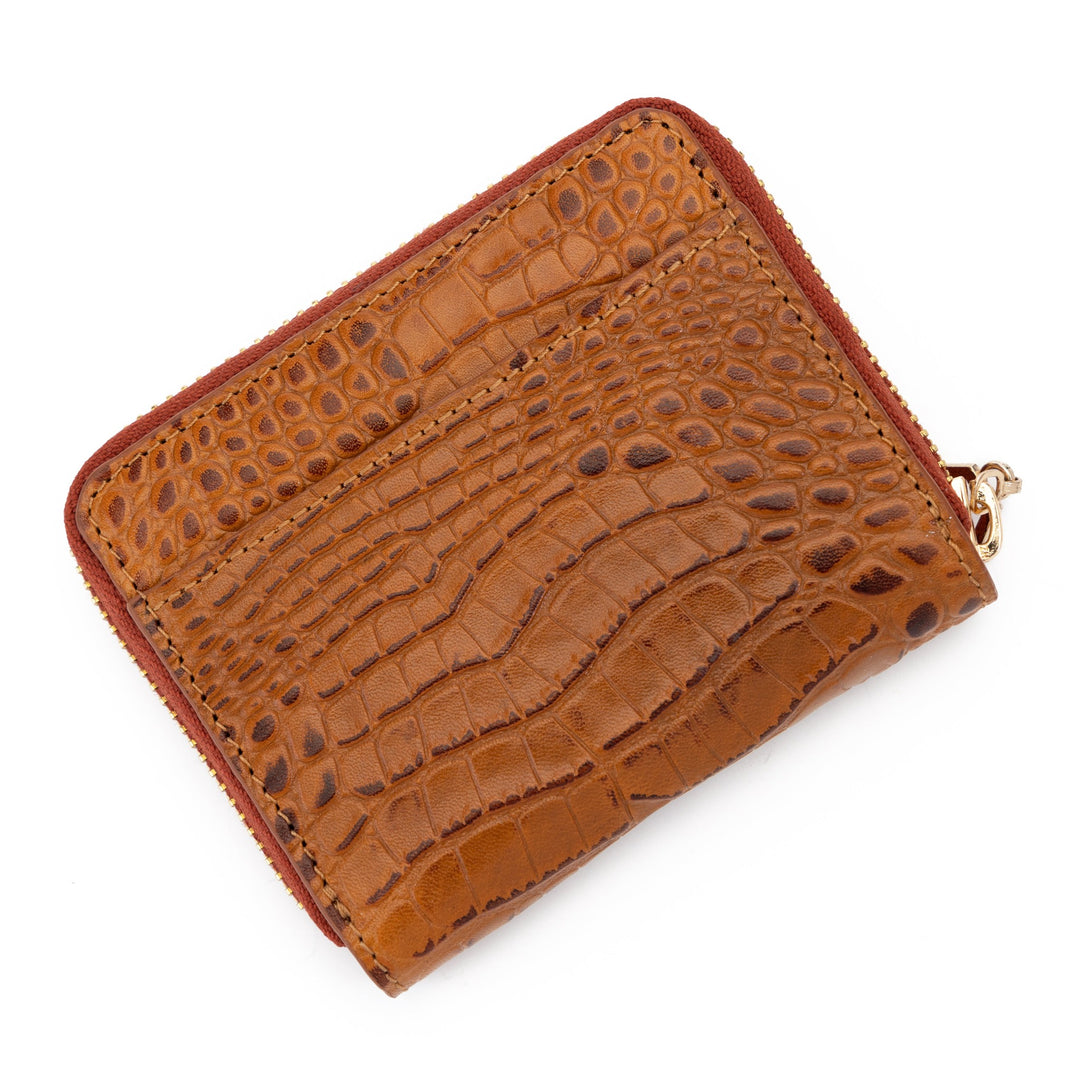 Mini Zip Wallet in Brown Croc-Embossed Leather for Women by Hedonist Chicago -Slip Back Pocket