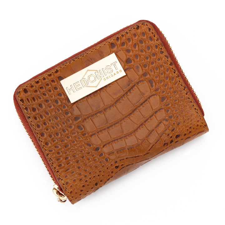 Mini Zip Wallet in Brown Croc-Embossed Leather for Women by Hedonist Chicago