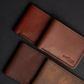 Handmade tan pull-up leather bifold wallet, 4 card slots, full display view