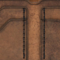 Handmade tan pull-up leather bifold wallet, close-up of leather texture and stitching