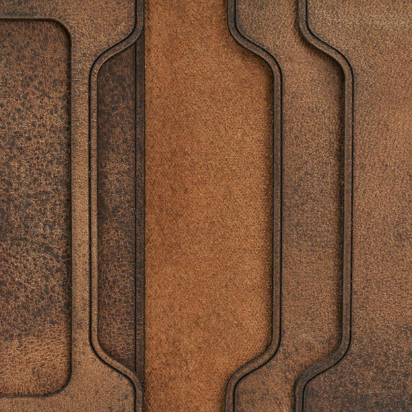 Handmade tan pull-up leather bifold wallet, close-up of leather texture and stitching