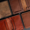 Handmade tan pull-up leather card holder, 8 card slots, full display view