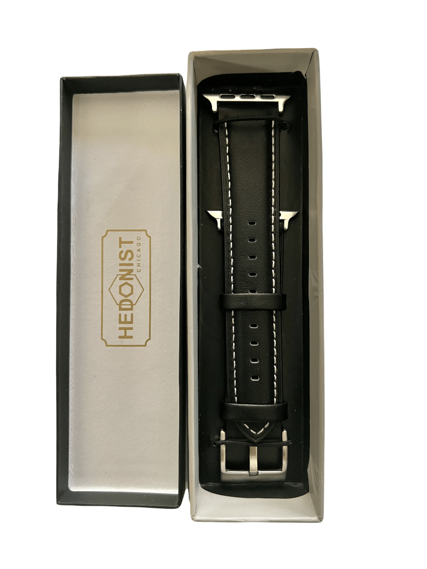Black Apple Watch band packaged in Hedonist Chicago gift box