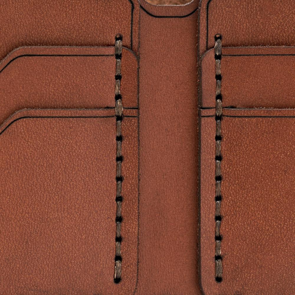 Handmade whisky leather bifold wallet, close-up of leather texture and stitching