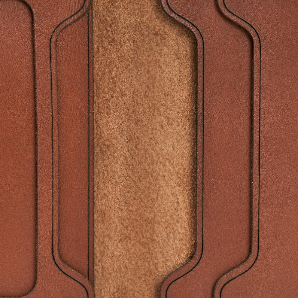 Handmade whisky leather bifold wallet, close-up of leather texture and stitching