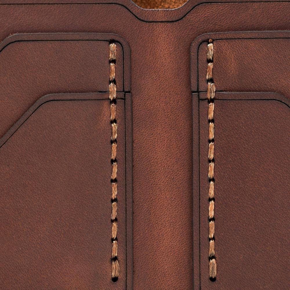 Handmade whisky pull-up leather bifold wallet, close-up of leather texture and stitching
